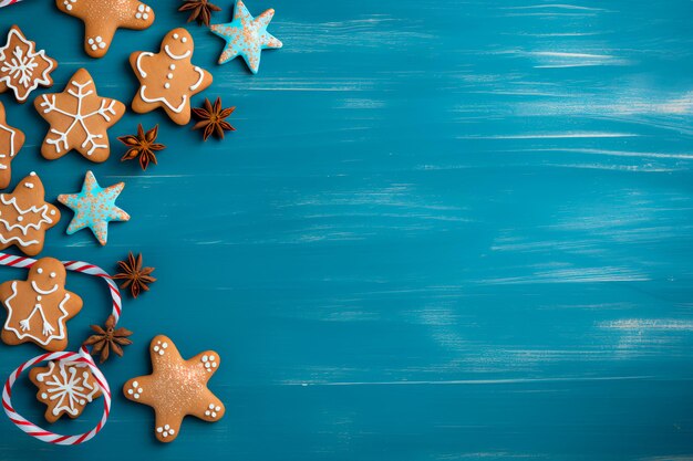 Holiday display of gingerbread cookies on a blue wooden backdrop Charming ensemble