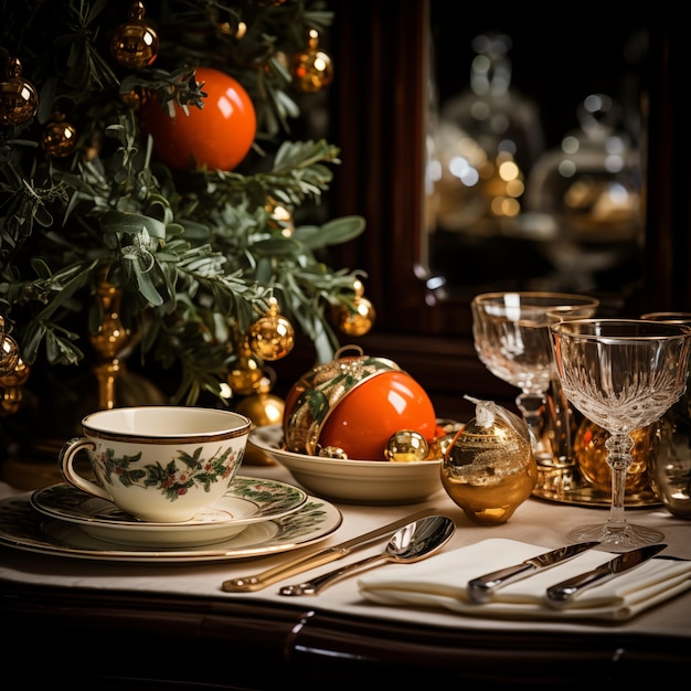 Holiday Feast Dining Room with Festive Tree Ornamenting in Vintage Ornaments Mixed Media