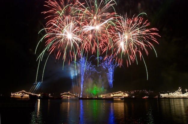 夜の湾の上にある休日の花火