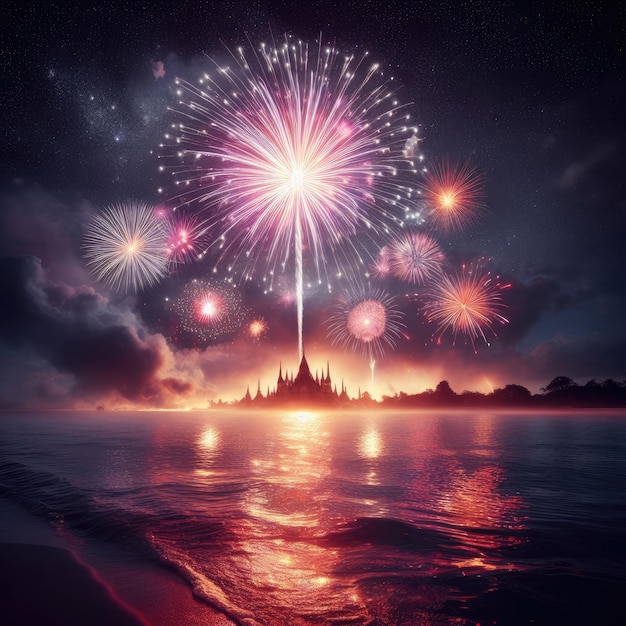 Holiday fireworks above the water on the black sky background