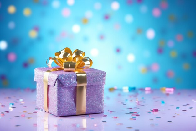 Holiday gift box in purple and gold colors on blur background