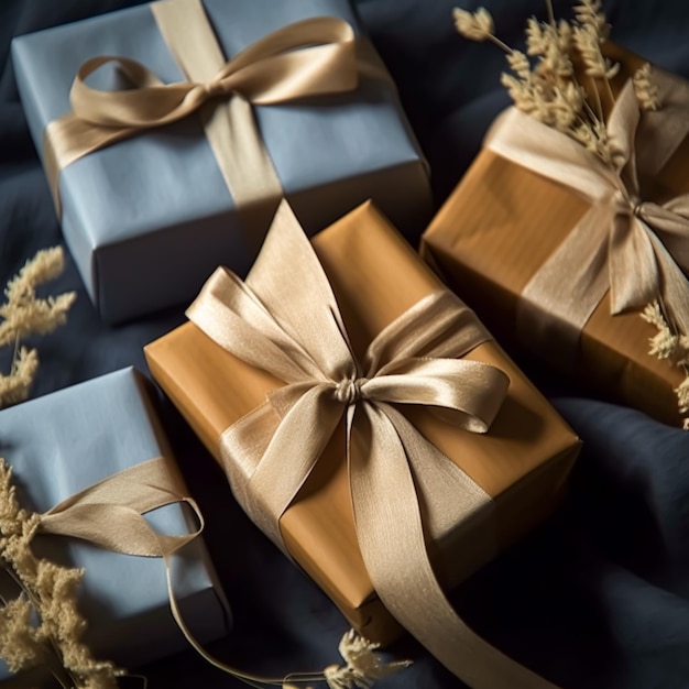 휴일 선물 및 베이비 샤워 생일 크리스마스 박싱 데이 결혼식 및 휴일 쇼핑 생성 인공 지능을위한 깜짝 선물로 파란색 선물 상자 선물