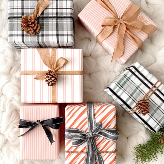 Праздничные подарки и подарки, загородный коттедж, деревенский стиль, подарочные коробки на Рождество, день подарков и праздники, шоппинг, плоский генеративный ай