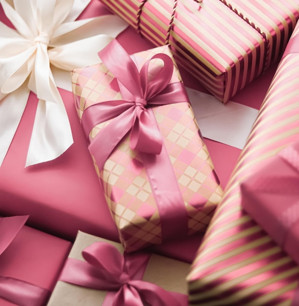 Holiday gifts and wrapped luxury presents pink gift boxes as
surprise present for birthday christmas new year valentines day
boxing day wedding and holidays shopping or beauty box
delivery