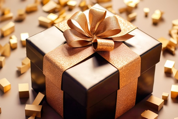 복사 공간이 있는 생일 또는 크리스마스 선물을 위한 명절 황금 선물 상자 선물