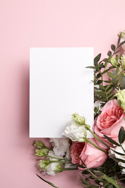 Фото Макет праздничной открытки с цветами на светло-розовом фоне, вид сверху, плоская планировка, макет белого свадебного приглашения и цветочный декор
