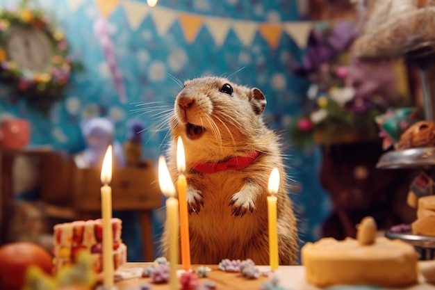 Holiday hamster with party cake and candles created with Generative AI