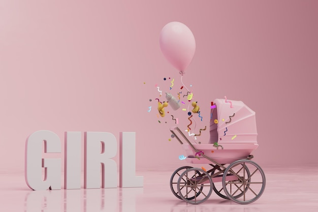 Photo holiday in honor of the birth of a child girl. a pink baby stroller