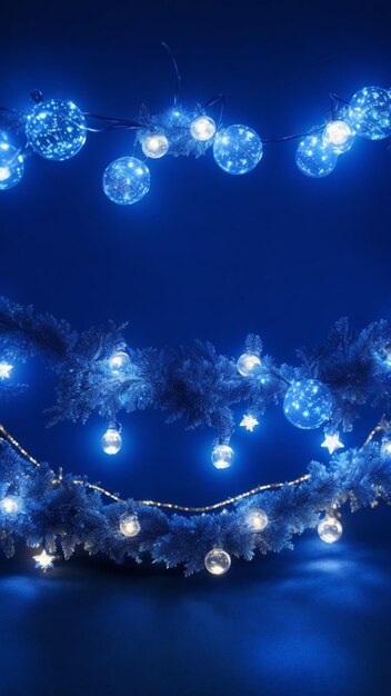 holiday illumination and decoration concept christmas garland bokeh lights over dark blue background