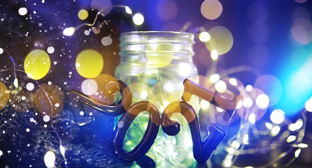 Holiday led light garland in jar. Christmas, new year holiday celebration concept. Copy space. Banner image for design