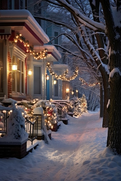 Holiday lights twinkle on freshly fallen snow