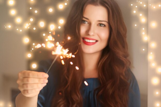 Holiday magic Christmas and New Year celebration happy woman with sparklers