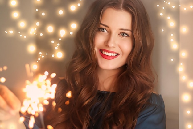 Holiday magic Christmas and New Year celebration happy woman with sparklers