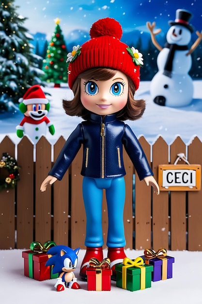holiday magic doll in blue dress with sonic and snowman