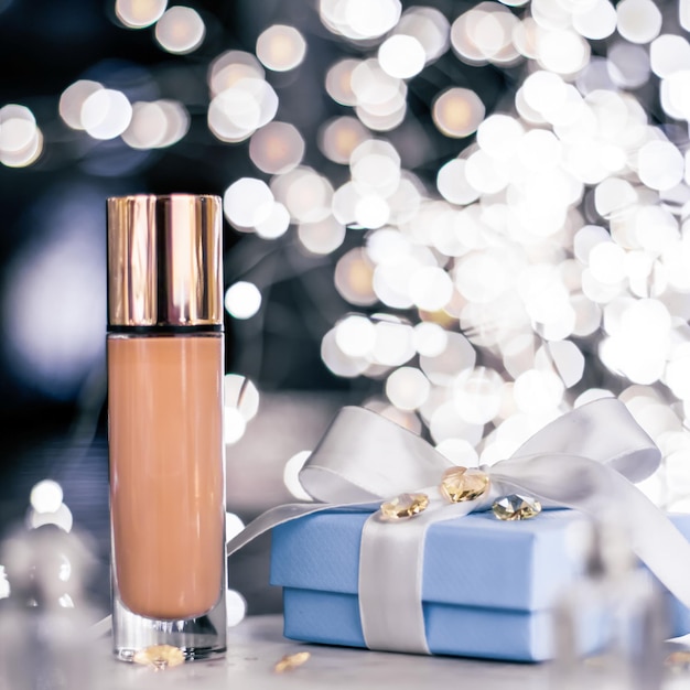 Holiday makeup foundation base concealer and blue gift box luxury cosmetics present and blank label products for beauty brand design