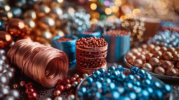 Photo the holiday mood is set with colorful beads copper wire and jewelry tools wire wrap is used