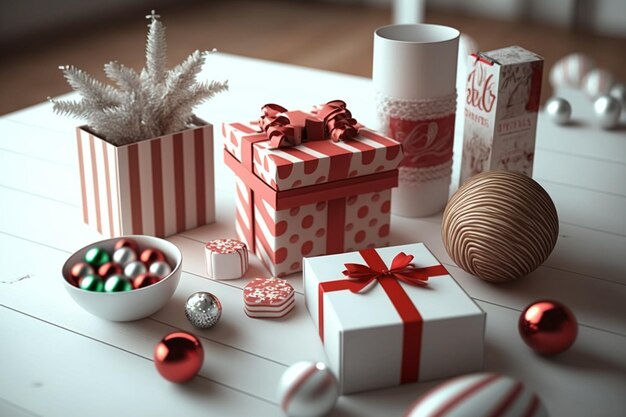 사진 나무 테이블 메리 크리스마스에 크리스마스 선물 상자 카드와 크리스마스 액세서리와 함께 휴일 분위기