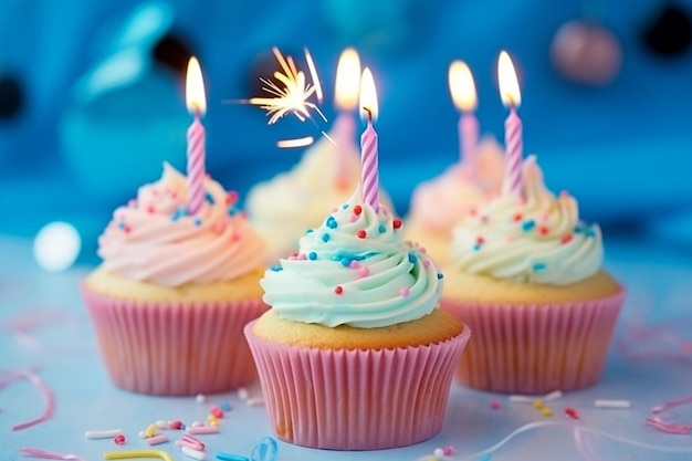 Holiday new year muffins with pink butter cream and numbers on blue background