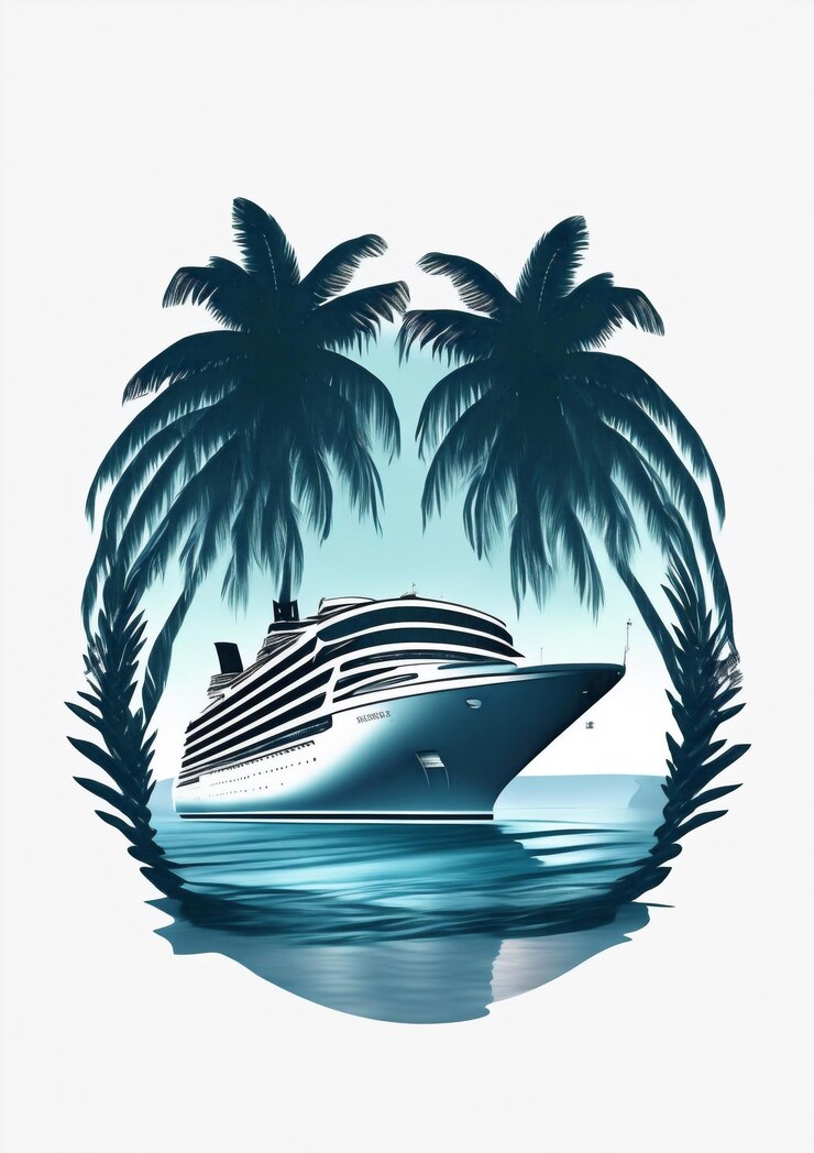Photo holiday oval graphic cruise ship at sea surrounded by palm trees
