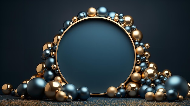 Holiday Party Background featuring vibrant balls and empty frame illustration in a blue backdrop Generative AI