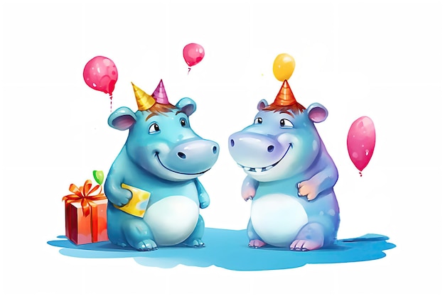 Праздничная вечеринка Счастливого дня рождения Счастливый мультфильм гиппопотам Иллюстрация Обработанное ИИ изображение