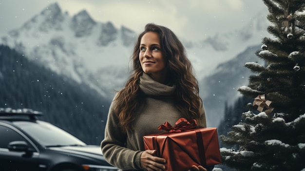 Holiday presents Beautiful young woman is outdoors near her automobile at winter time High quality photo