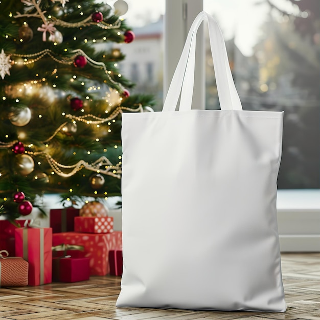 Праздничная розничная торговля Magic Plain White Tote Bag Mockup в рождественской сцене