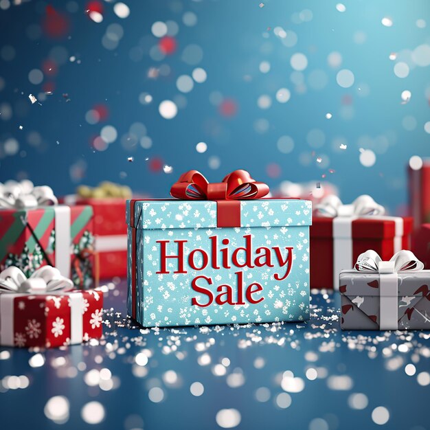 Holiday sale banner with gift boxes on blue background 3d rendering