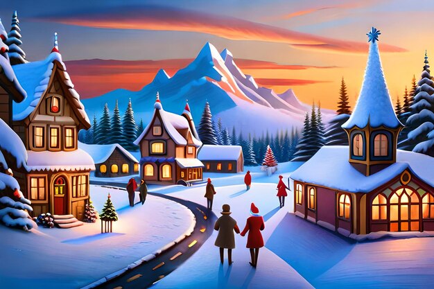 Holiday Season Christmas Village In a winter wonderland
