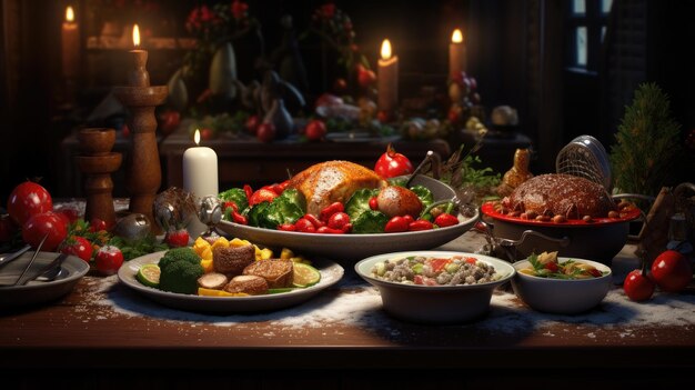 праздничный сезон с красиво устроенной рождественской тарелкой с традиционными блюдами и украшениями