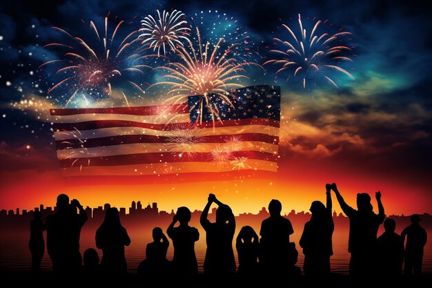 写真 アメリカの独立記念日の花火と国旗を掲げた休日空