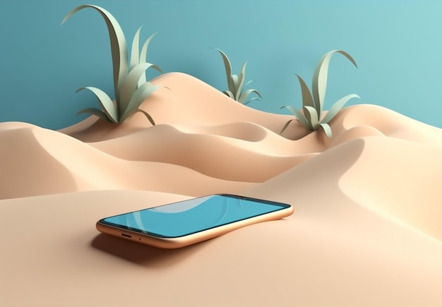 Праздник лето кибер концепция пальма макет телефона песок море креатив Generative AI