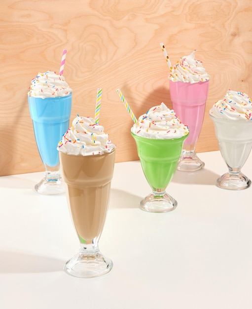 Holiday sweet composition with colored milkshakes in glasses Whipped fresh cream with colored sprinkles Birthday party