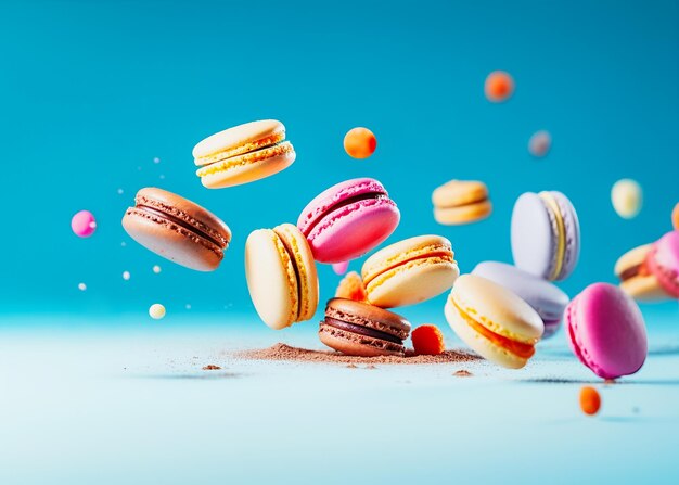 Holiday sweet food composition with flying cake macaron or macaroon on blue background