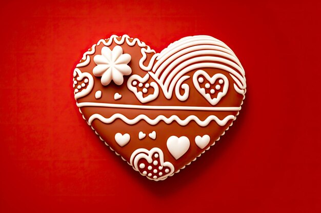 Holiday sweets in shape of cookies with white decoration on red background chocolate heart created w