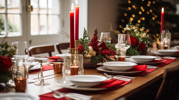 ホリデーテーブルデコレーションクリスマスホリデーのお祝いのテーブルスケープとディナーテーブルセッティング英国のカントリーデコレーションとホームスタイリングのインスピレーション