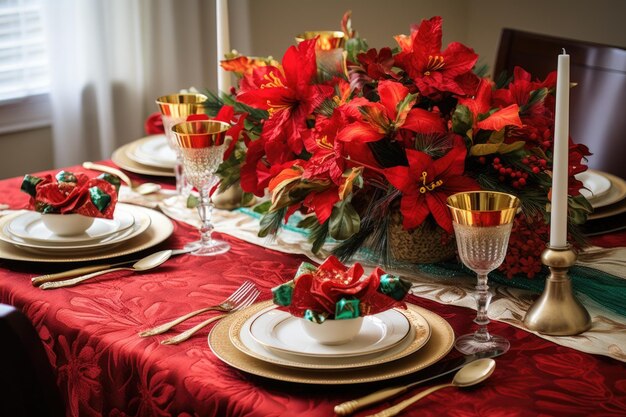 holiday table setting with festive napkins and centerpiece created with generative ai