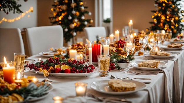 Holiday table with different Christmas snacks