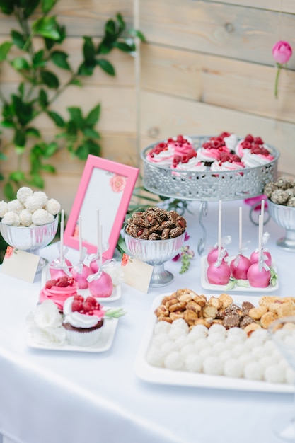 Holiday table with various sweets. Candy Bar.