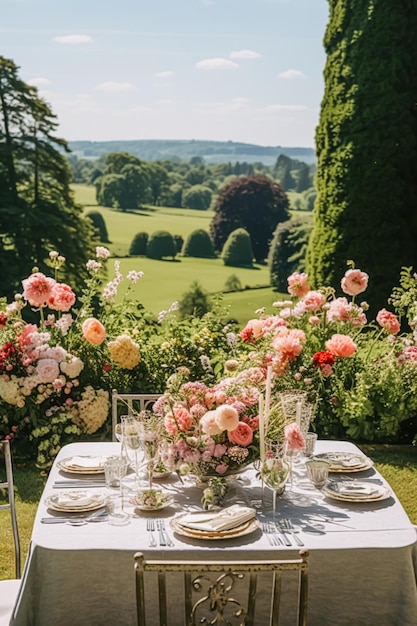 祝日用のテーブルの風景 正式な夕食のテーブルセット ペオニー花 ペオニーのテーブル風景 結婚式やイベントの祝賀用の飾り付け