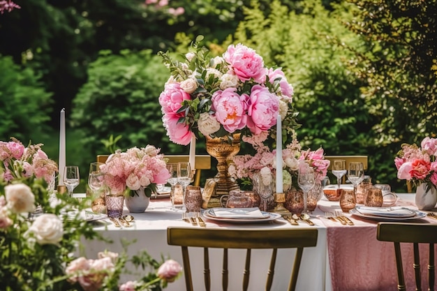 祝日用のテーブルの風景 正式な夕食のテーブルセット ペオニー花 ペオニーのテーブル風景 結婚式やイベントの祝賀用の飾り付け