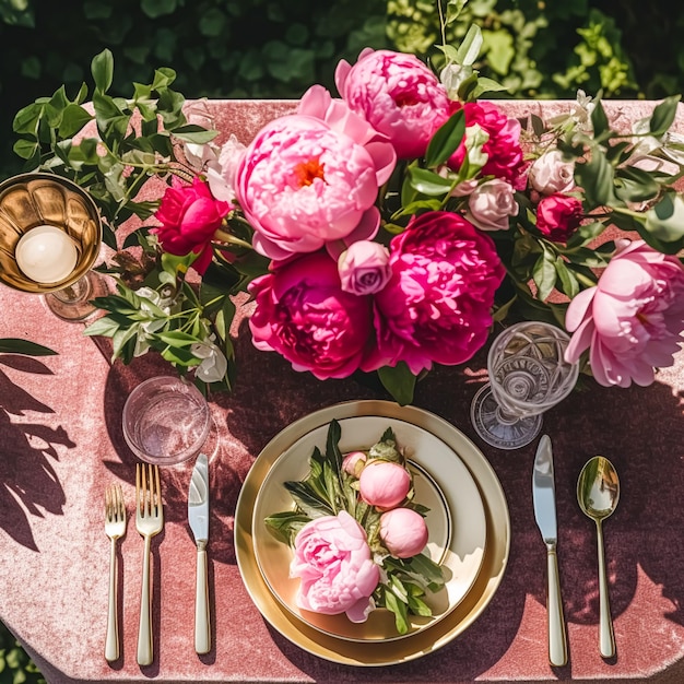 Holiday tablescape formal dinner table setting pink peony table scape with peonies decoration for wedding party and event celebration generative ai