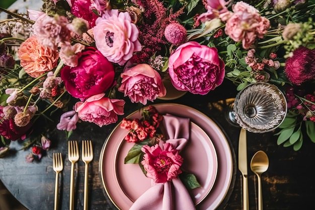 Holiday tablescape formal dinner table setting pink peony table scape with peonies decoration for wedding party and event celebration postprocessed generative ai