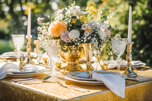 Holiday tablescape golden formal dinner table setting table scape with gold decoration for wedding party and event celebration generative ai