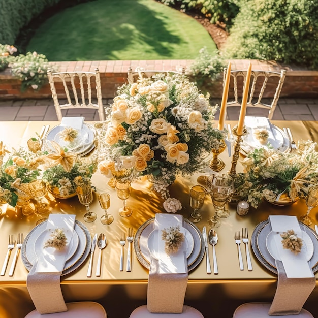 Праздничный стол золотой формальный обеденный стол сервировка стола с золотым украшением для свадебной вечеринки и празднования события постобработка генеративный искусственный интеллект