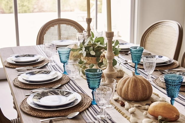 Праздничный стол с синими деталями, формальная сервировка обеденного стола, декор стола с украшением для свадебной вечеринки и празднования события, постобработка, генеративный искусственный интеллект
