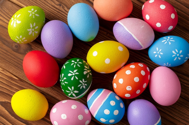 Holiday, traditional easter eggs on wooden table