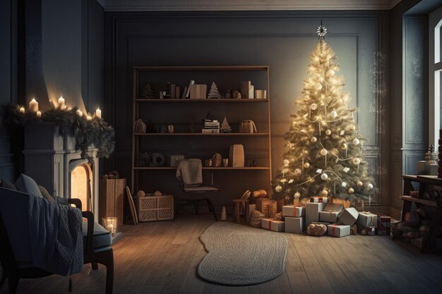 Holiday tree with toys and presents farmhouse inspired scandinavian interior design depiction of a living room at night