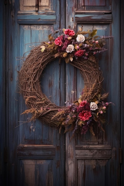 Holiday wreath on a rustic wooden door created with generative ai