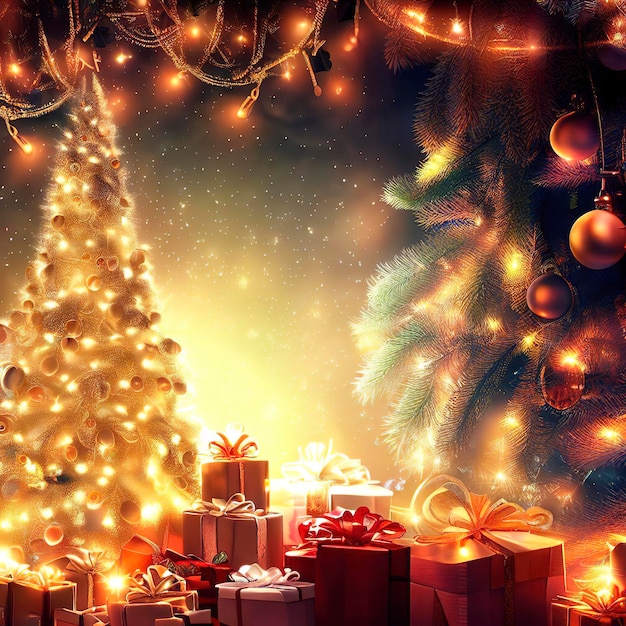 Holidays background with illuminated Christmas tree gifts and decoration